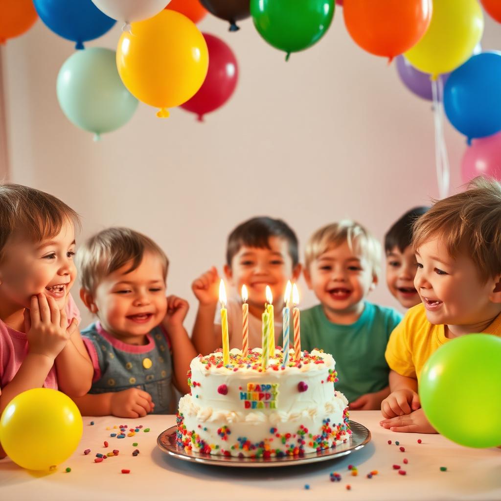 Crianças ao redor de bolo de aniversário